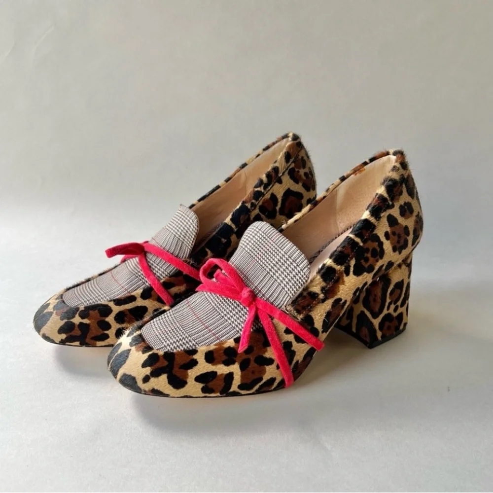 ANTONIO MELANI Leopard Print Block Heel Loafers with Pink Bow - Picture 1 of 11
